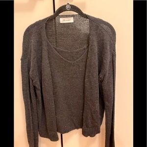 Black linen blend cardigan set.